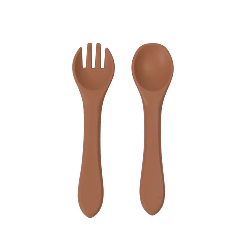 Juego de Cuchara y Tenedor de Silicona de Grado Alimenticio para Bebés, Utensilios de Alimentación para Niños Pequeños con Mango Largo y Cabeza Suave para Alimentos Infantiles