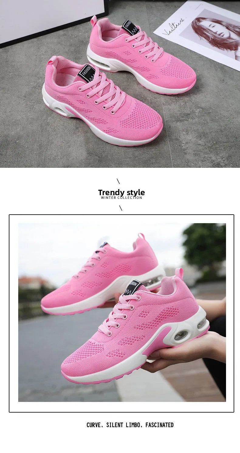 Zapatos deportivos transpirables con amortiguación de aire para mujer, zapatillas informales con cordones cruzados y tacón plano con punta redonda de estilo coreano