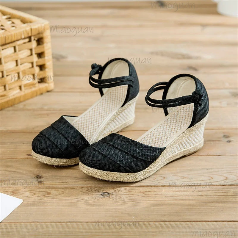 Sandalias de lino con plataforma para mujer, sandalias con correa en el tobillo, calzado ligero y transpirable para verano, sandalias de moda romana para mujer, talla 34