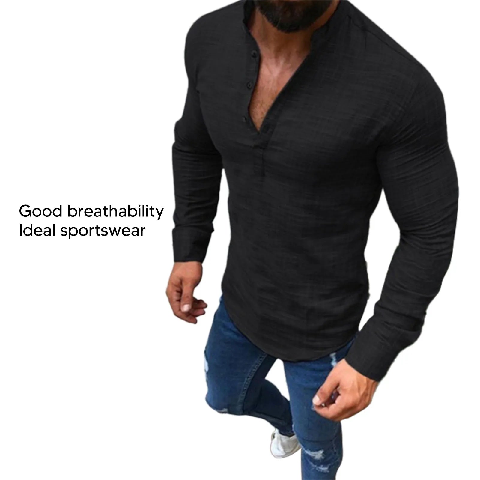 Top de manga larga para hombre, camisa de manga larga ajustada informal con botones suaves en la parte delantera, Color liso, manga larga para hombre