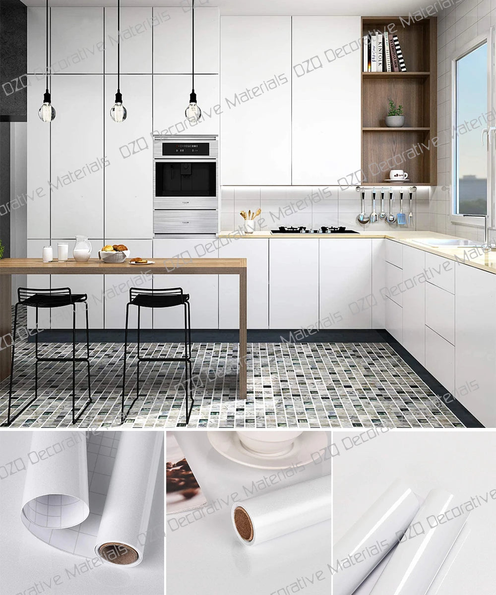 Papel tapiz impermeable de Color sólido, autoadhesivo para habitación, armario blanco y negro, pegatina de pared mate para muebles de cocina, ancho personalizable