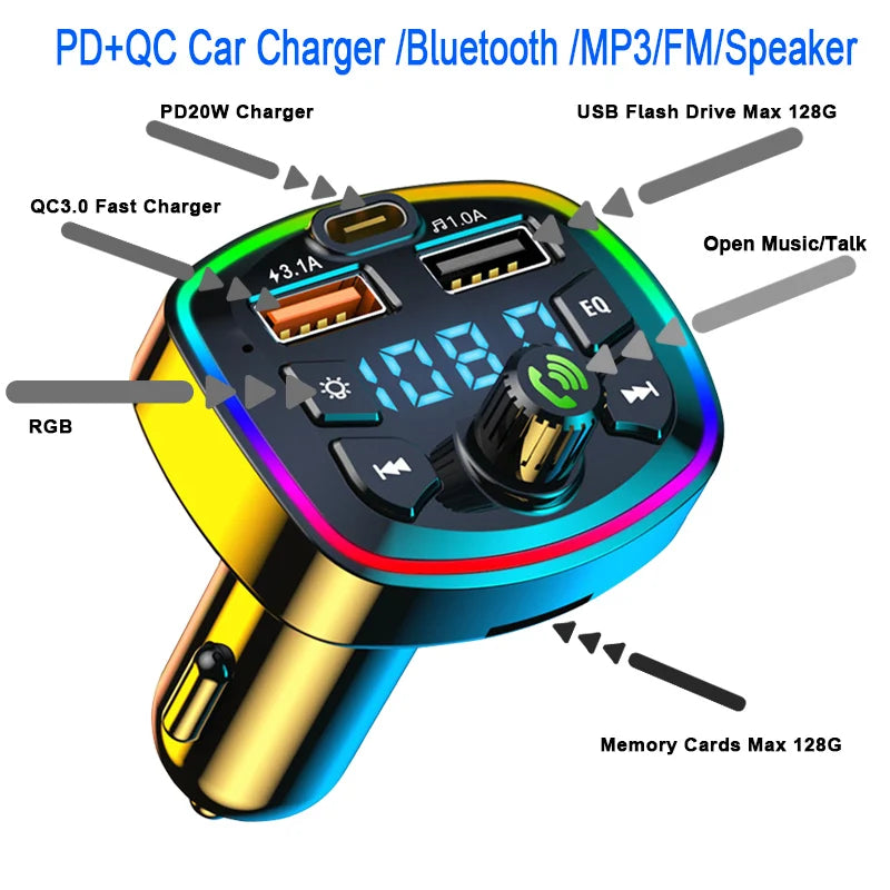 Transmisor FM Bluetooth 5,0 para coche, adaptador inalámbrico, micrófono, receptor de Audio, reproductor MP3 automático 2.1A, cargador rápido USB Dual, accesorios para coche