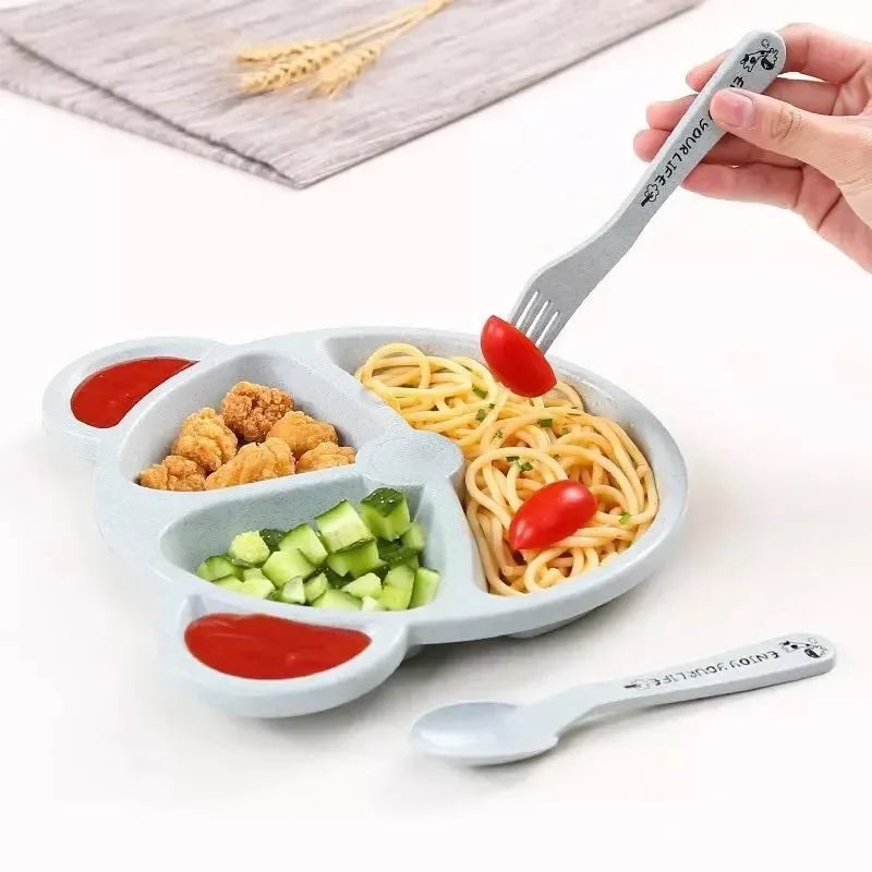 3 unids/set vajilla de alimentación de comida para bebé tazón de oso de dibujos animados + cuchara + tenedor vajilla para comer platos para niños plato de comedor para niños