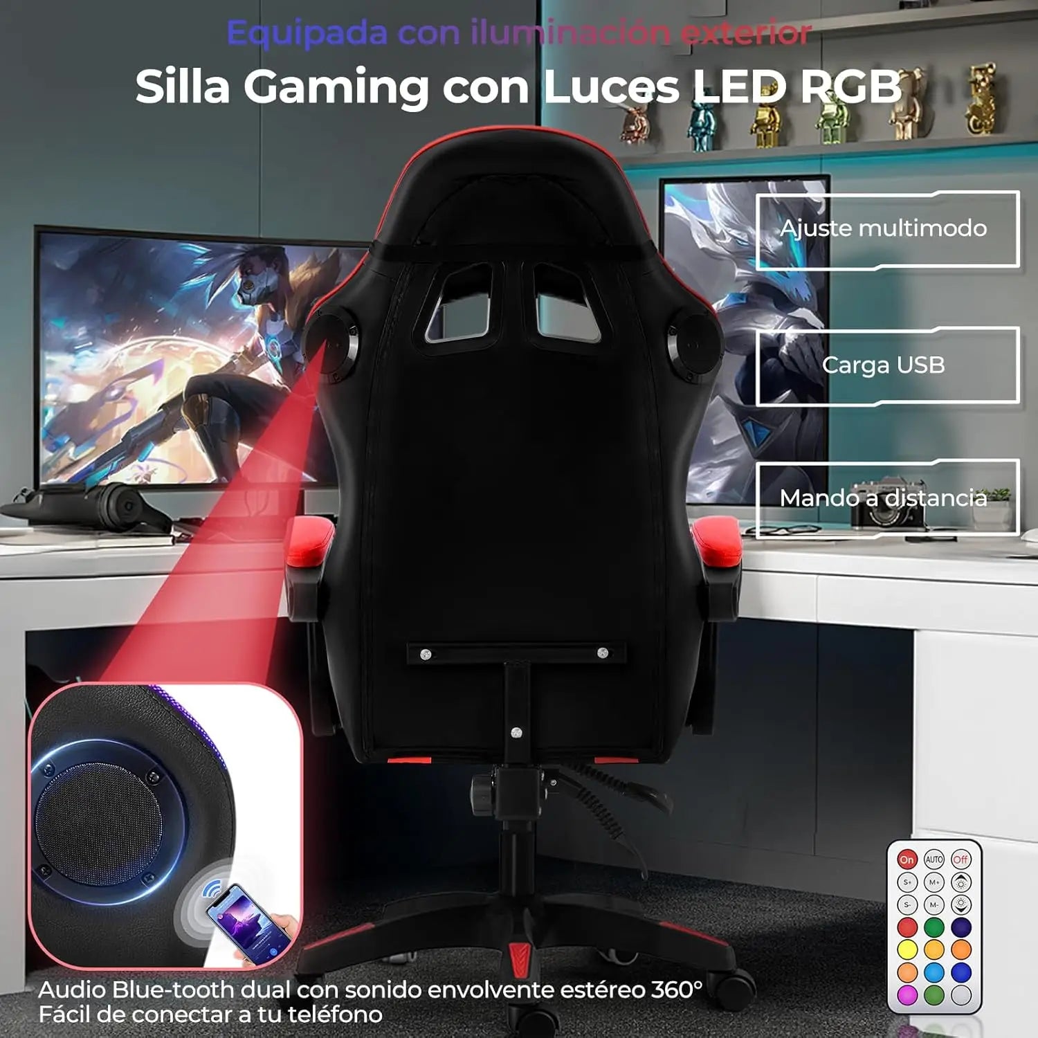 Silla de Oficina Ergonómica para Juegos y Deportes Electrónicos con Masajeador Lumbar, Reposapiés, Luces LED RGB, Silla Giratoria para Computadora con Control Remoto