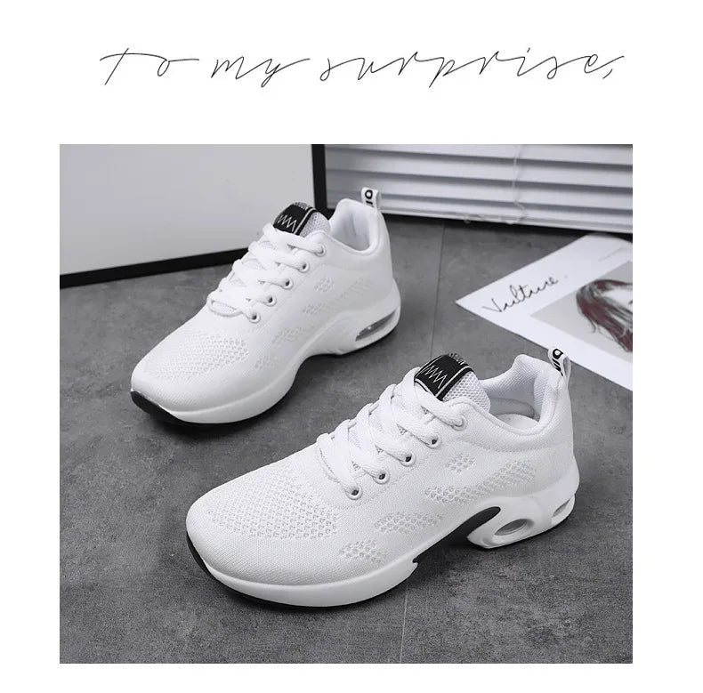 Zapatos deportivos transpirables con amortiguación de aire para mujer, zapatillas informales con cordones cruzados y tacón plano con punta redonda de estilo coreano