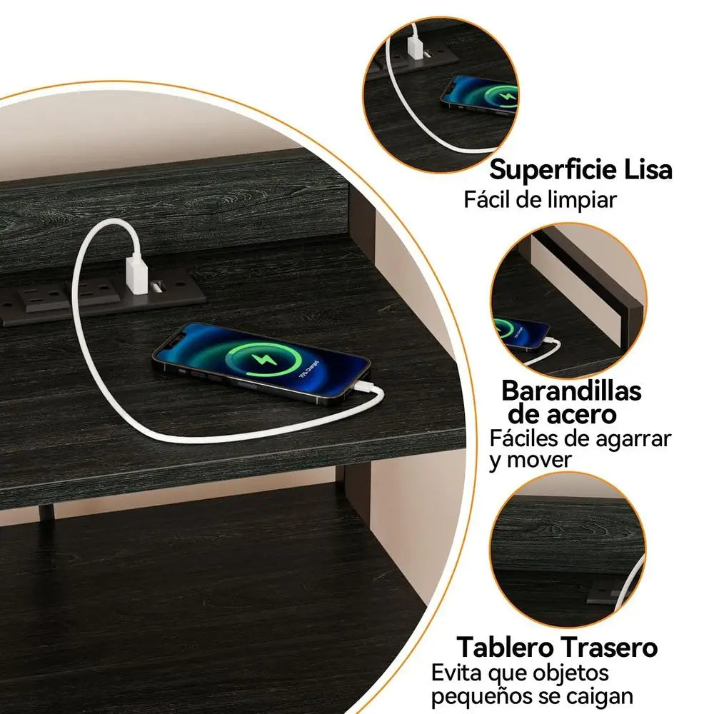 Mesa de Noche para Recámara con Estación de Carga, 2 Enchufes y 2 Puertos USB, Muebles para Recámara