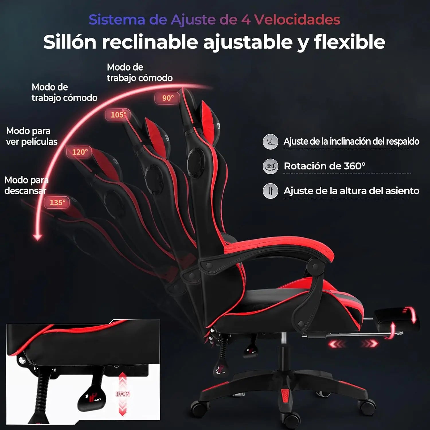 Silla de Oficina Ergonómica para Juegos y Deportes Electrónicos con Masajeador Lumbar, Reposapiés, Luces LED RGB, Silla Giratoria para Computadora con Control Remoto