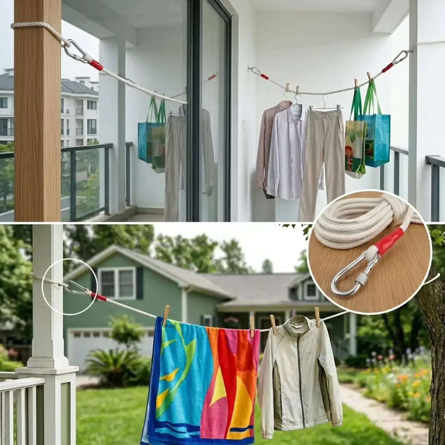Cuerda de lavandería portátil a prueba de viento con núcleo de alambre de acero para secar ropa, ideal para camping y viajes al aire libre, con doble mosquetón.