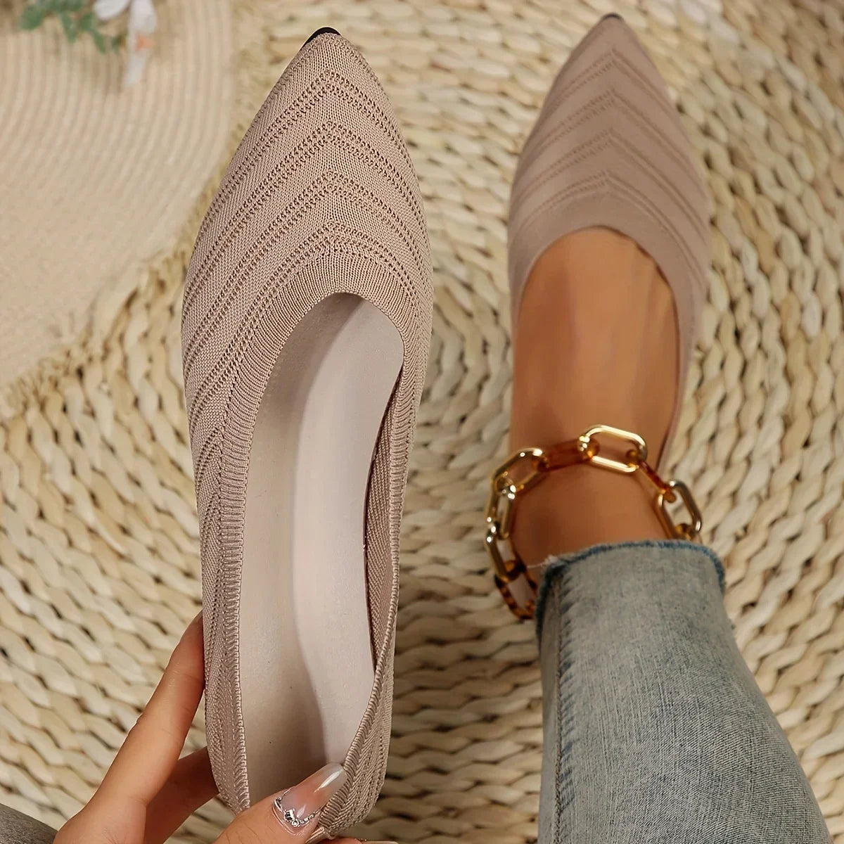 Zapatos planos con punta estrecha para mujer, zapatos sin cordones tejidos de Color sólido, bailarinas informales transpirables, zapatos planos para mujer, mocasines para mujer