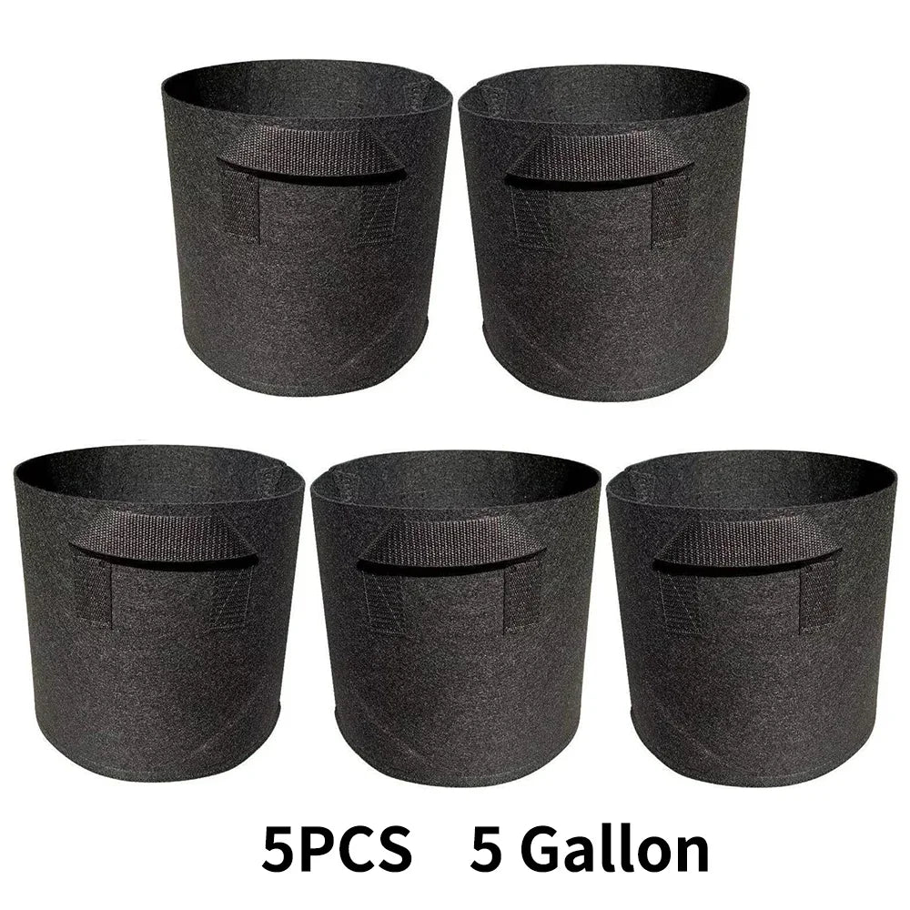 Paquete de 5 bolsas de cultivo, macetas de tela no tejida para plantar jardines con mango reforzado (3 galones, 4 galones, 5 galones, 7 galones, 30 galones)