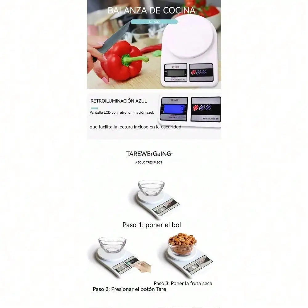 Báscula de Cocina Digital 10kg - Balanza Electrónica de Precisión Portátil con Batería, Pesa de Alimentos Inteligente para el Hogar