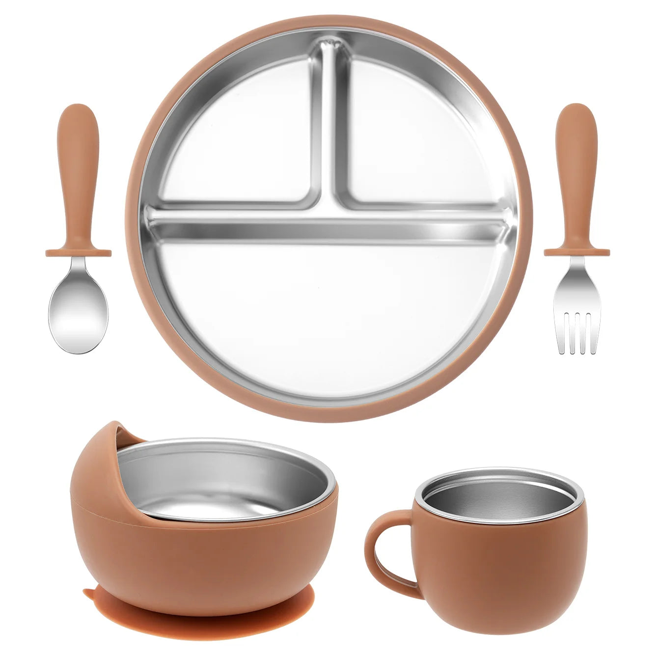 Juego de alimentación de bebé con plato de platos de acero inoxidable, cuenco con ventosa de silicona desmontable, sin BPA, tenedor infantil, cuchara, regalos, 5 uds.