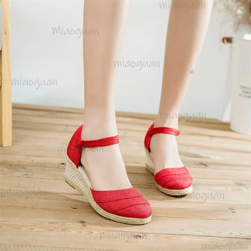 Sandalias de lino con plataforma para mujer, sandalias con correa en el tobillo, calzado ligero y transpirable para verano, sandalias de moda romana para mujer, talla 34