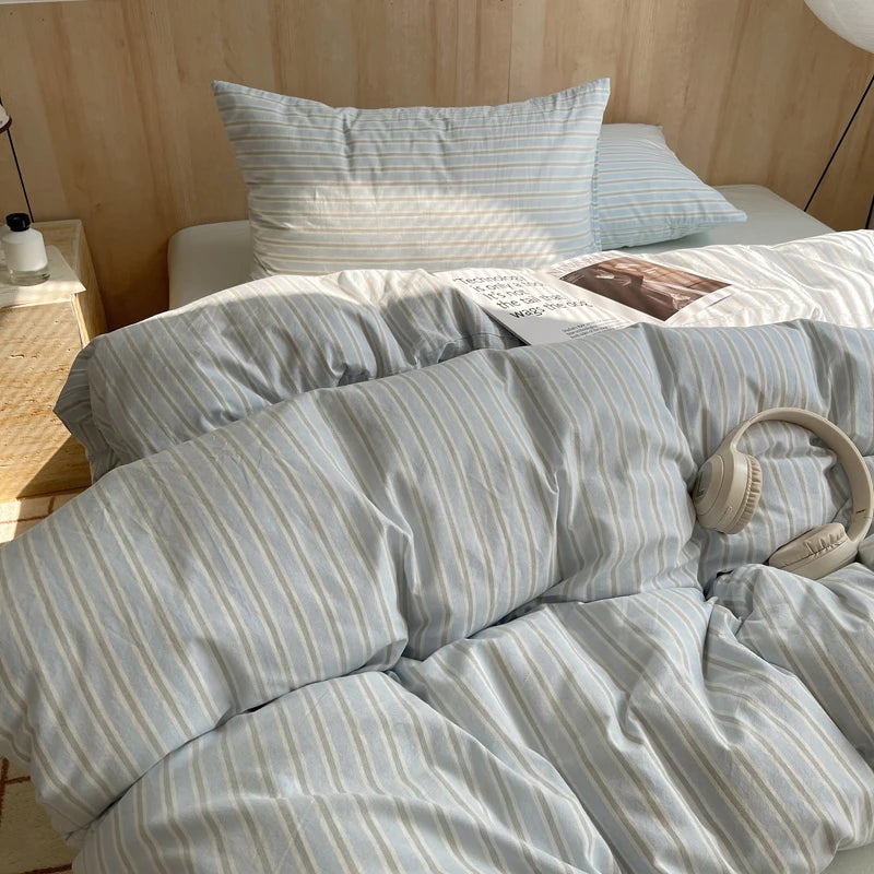 Juego de cama suave de algodón 100%, funda nórdica con estampado de rayas y funda de almohada, ropa de cama, colcha, fundas de almohada, juegos de edredón
