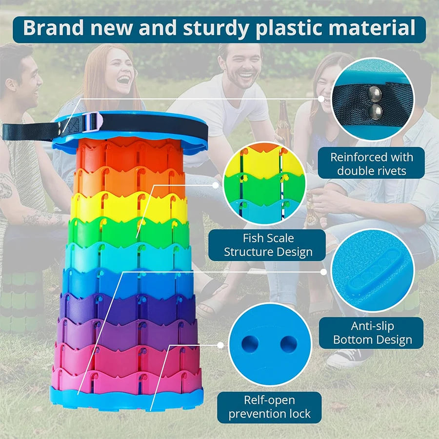 Un taburete portátil plegable de color arcoíris, silla plegable de plástico, adecuada para pesca al aire libre, reuniones de fiesta, taburete plegable con altura ajustable.