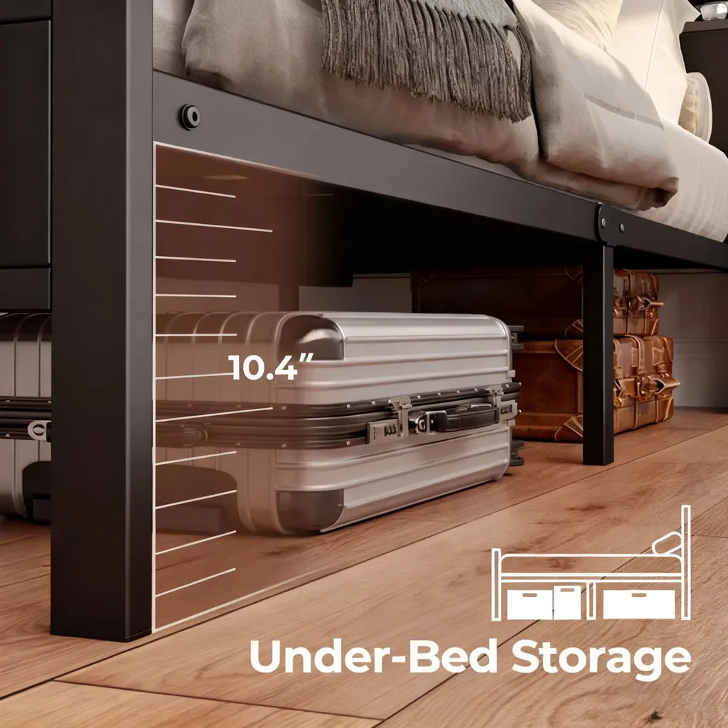 Estructura de cama LED, Mesita de Noche con Espacio de Almacenamiento y Carga Inalámbrica | Luz Nocturna y Base Multifuncional, 211 x 139 x 113 cm (Negro)