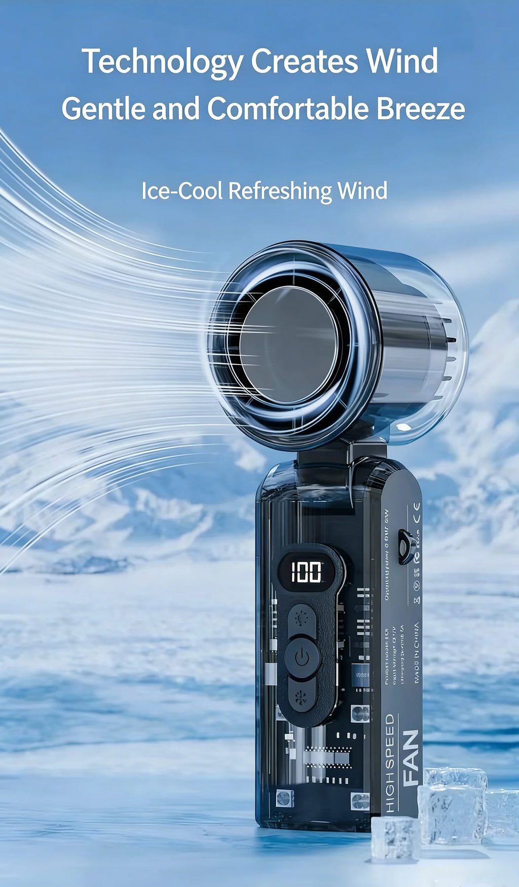 Mini Ventilador de Mano con Compresa de Hielo, Turbo Jet, 100 Velocidades Ajustables, Recargable por USB, Ventilador Portátil de Refrigeración, Ventilador Turbo para Cuello para Exteriores