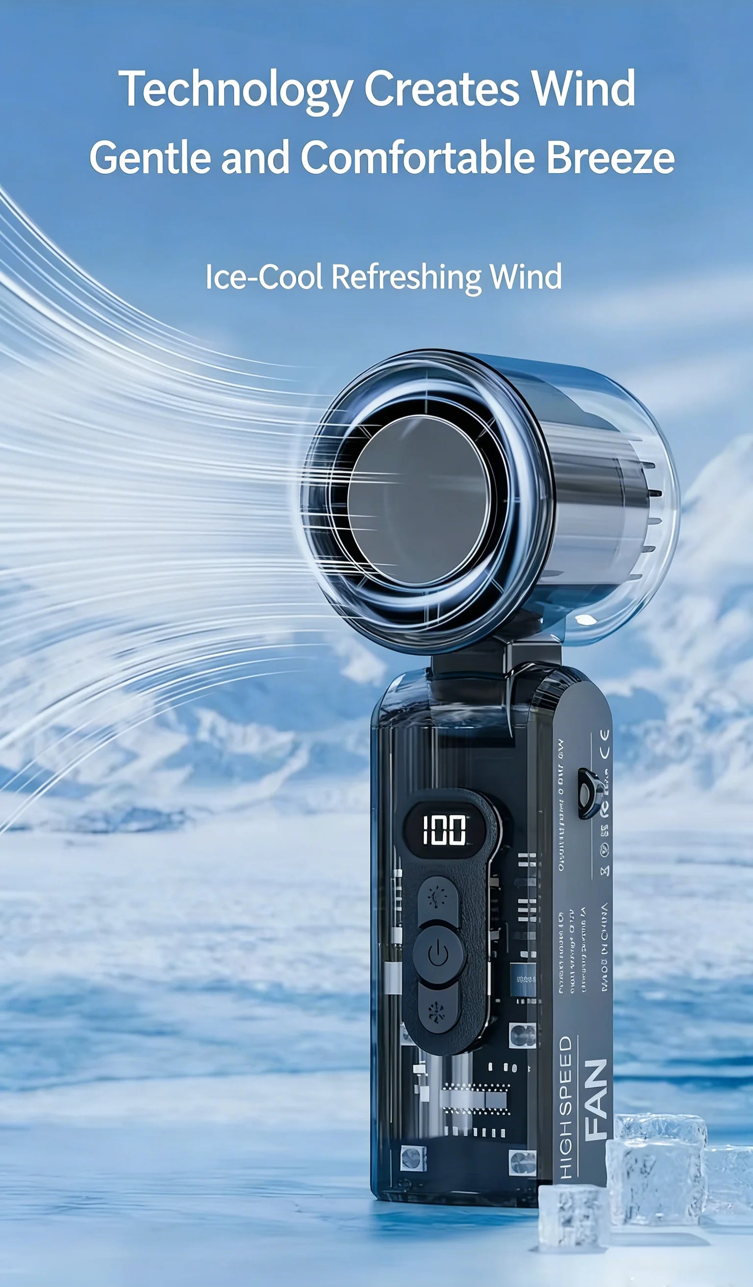 Mini Ventilador de Mano con Compresa de Hielo, Turbo Jet, 100 Velocidades Ajustables, Recargable por USB, Ventilador Portátil de Refrigeración, Ventilador Turbo para Cuello para Exteriores