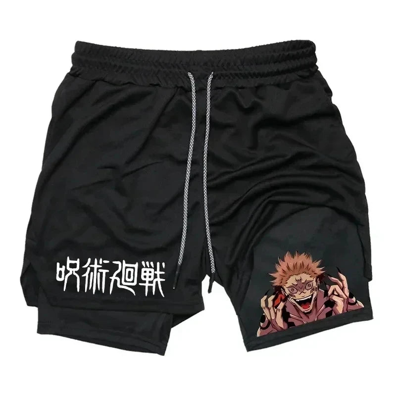 Pantalones cortos deportivos para hombre Jujutsu Kaisen Anime Graphic 2 en 1 pantalones cortos de compresión para hombre pantalones cortos de rendimiento de gimnasio de secado rápido atléticos
