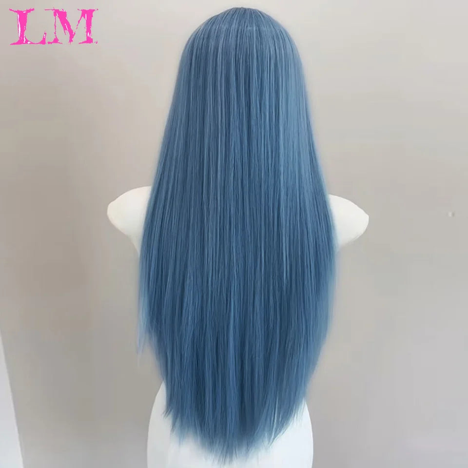 Pelucas sintéticas largas y rectas LM, color azul claro con reflejos de ceniza, peluca de Cosplay con flequillo para mujeres, pelo Natural, fibra resistente al calor