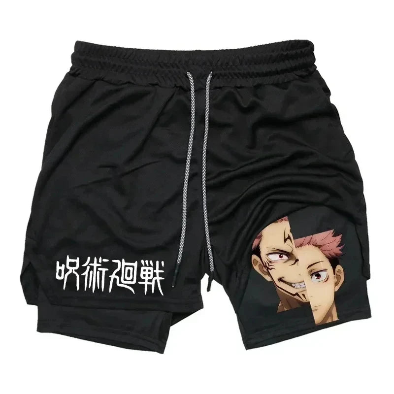 Pantalones cortos deportivos para hombre Jujutsu Kaisen Anime Graphic 2 en 1 pantalones cortos de compresión para hombre pantalones cortos de rendimiento de gimnasio de secado rápido atléticos