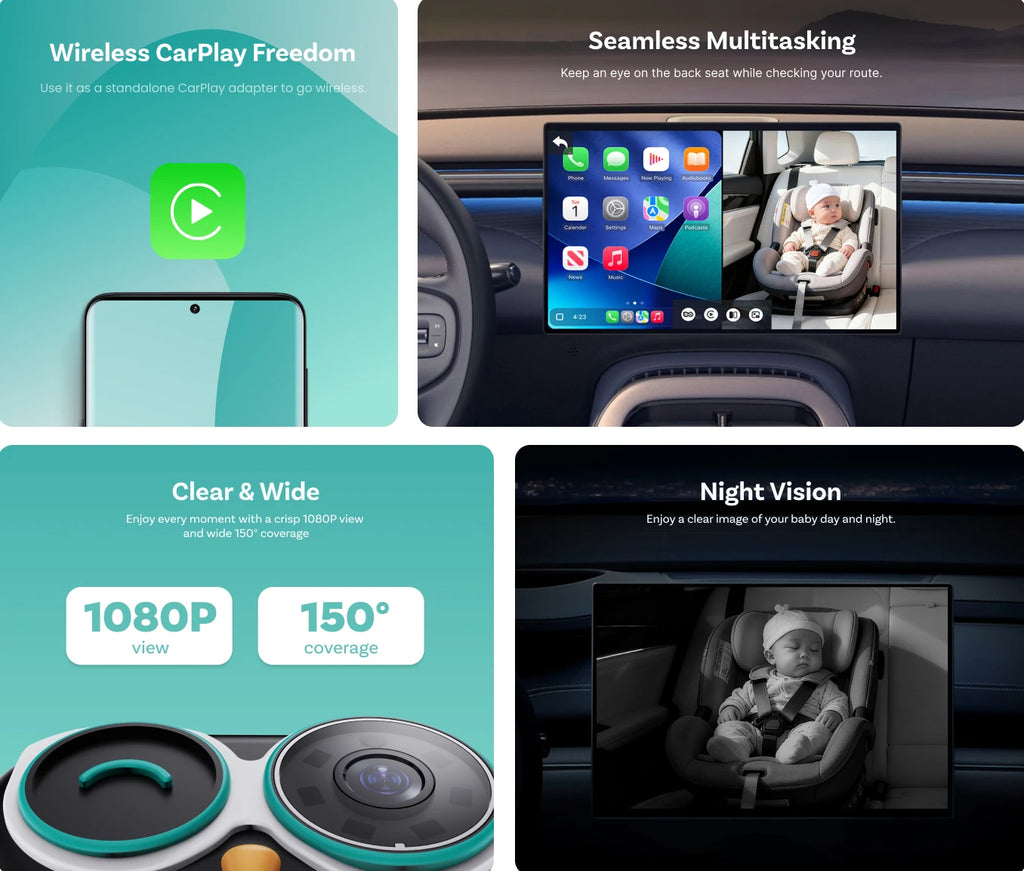 Ottocast Cabin Care Adaptador inalámbrico CarPlay Cámara para coche de bebé 1080P HD 150 °   Monitor de asiento trasero de visión nocturna gran angular para automóvil 98%