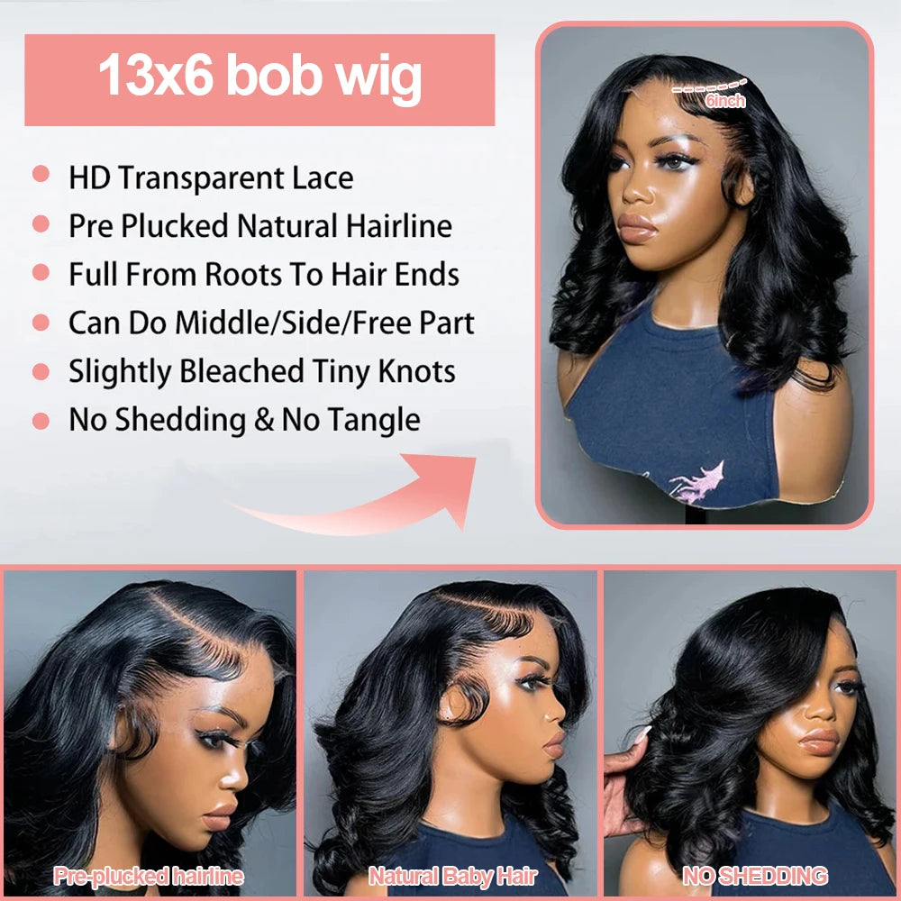 250% Bob corto sin pegamento Wear And Go pelucas de cabello humano ondulado listo para ir precortado 13x6 HD peluca Frontal de encaje cabello humano para mujeres