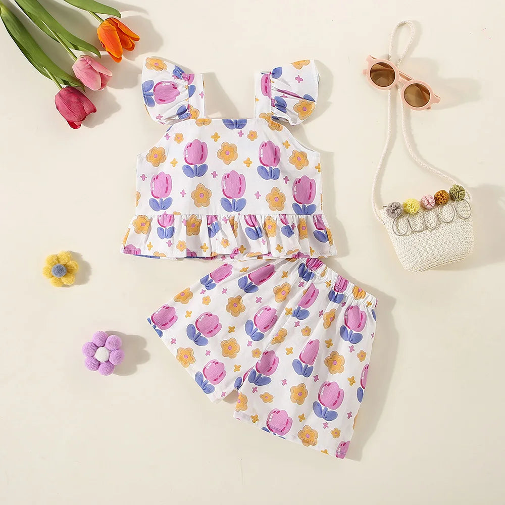 Conjunto de verano de 2 piezas con tirantes y pantalones cortos para niña, Top con tirantes de manga voladora pequeña con estampado de tulipán de dibujos animados