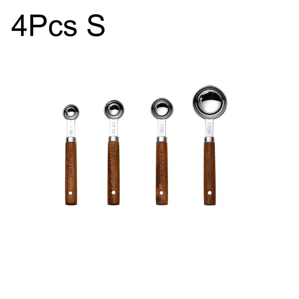 Mango de madera dorado, tazas medidoras de acero inoxidable, cucharas, herramientas para hornear, juego de cucharas medidoras de café, accesorios de báscula para barman