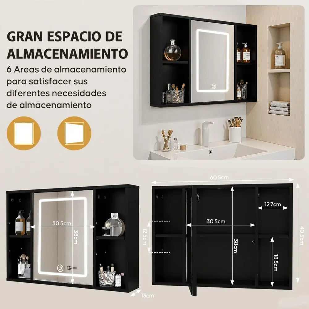 Espejo para Baño con Gabinete y Luz LED, Botiquín con Espejo, Gabinete para Baño, 3 Temperaturas de Color, 40.5x60.5cm, 6 Com