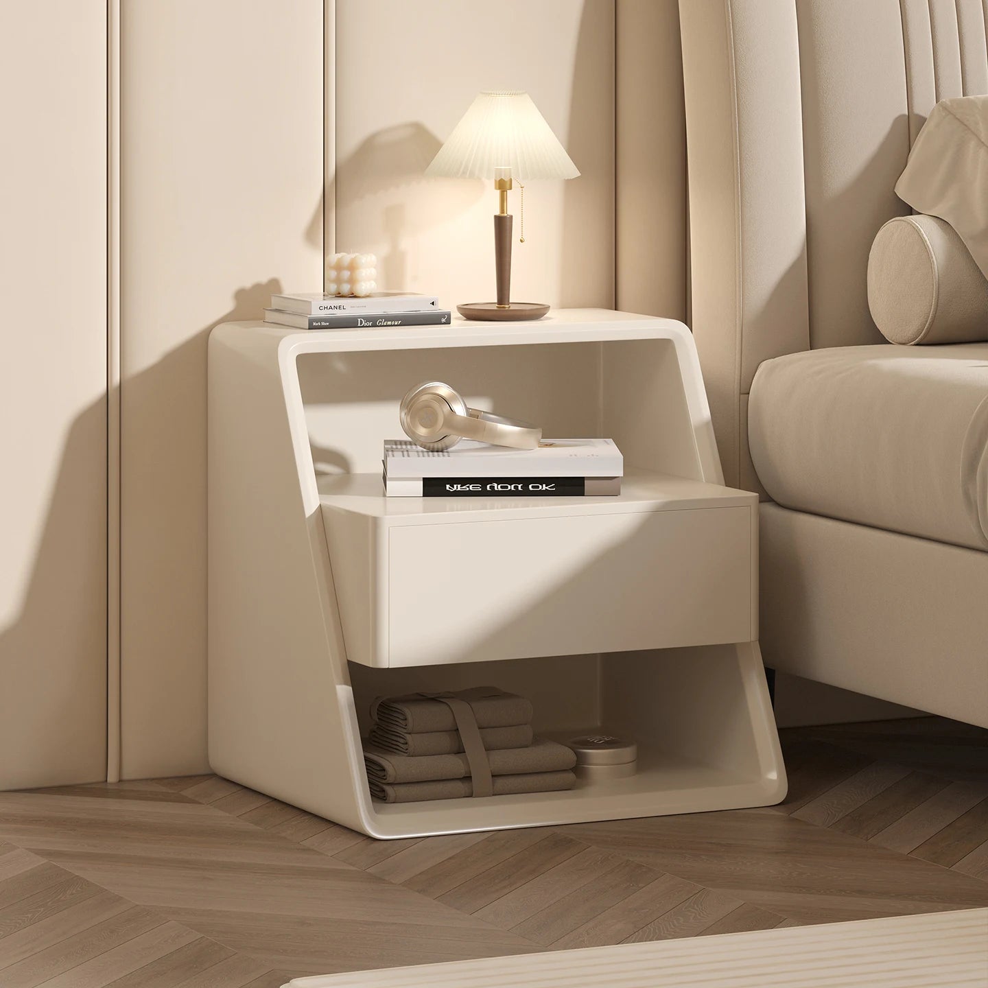 Mesita de noche minimalista italiana, madera maciza, crema, viento, pintura Simple y respetuosa con el medio ambiente, mesita de noche, mesa auxiliar creativa para dormitorio