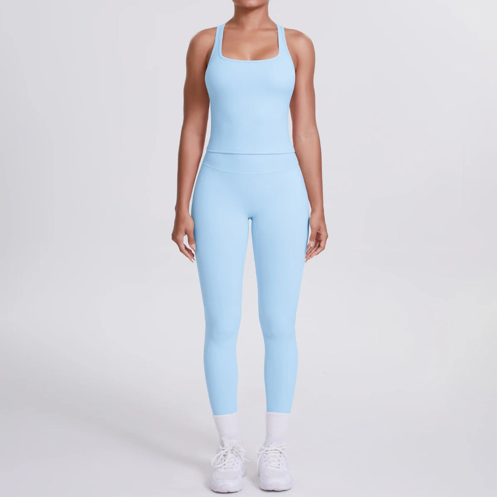 Hamidou - Conjunto de yoga de 2 piezas para mujer: leggings de fitness de secado rápido con efecto push-up y top deportivo con espalda en I de color liso.