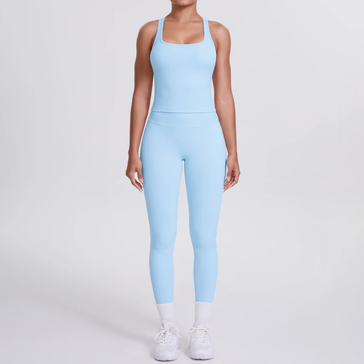 Hamidou - Conjunto de yoga de 2 piezas para mujer: leggings de fitness de secado rápido con efecto push-up y top deportivo con espalda en I de color liso.