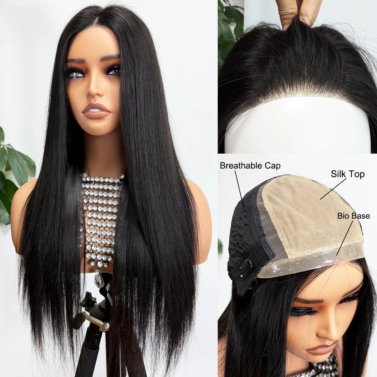 Peluca de cabello humano liso de 20 pulgadas de largo con base de seda de 10x12 cm, peluca de cabello humano virgen con base frontal de PU Bio, lista para usar.