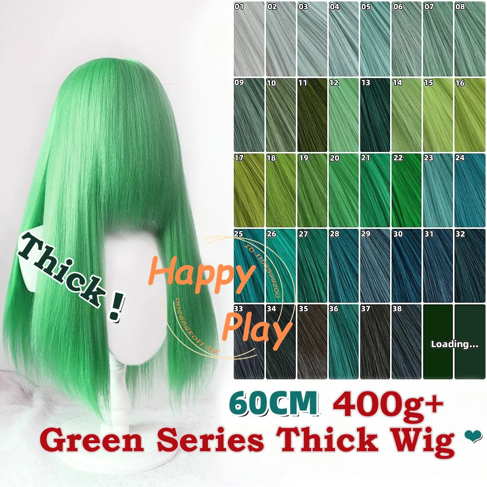 Peluca sintética de Cosplay de Anime de 400g + 60cm con flequillo para mujer, peluca recta Universal de volumen grueso de la serie verde, pelo resistente al calor