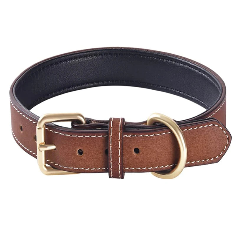 Collar acolchado de cuero genuino para perro, collares suaves y fuertes, cómodos, lo mejor para perros de raza pequeña, mediana y grande, color marrón