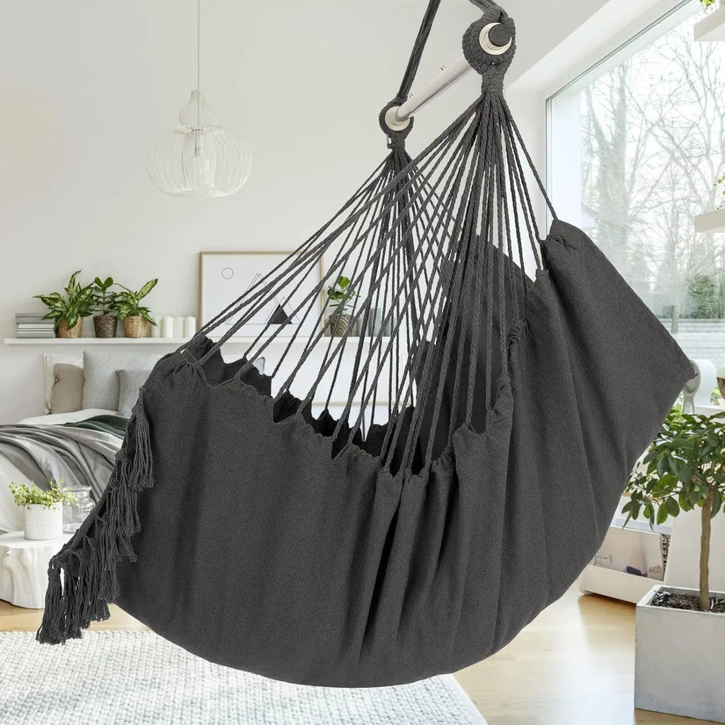 Silla Colgante de Macramé con 2 Almohadas |   Columpio de Cuerda de Algodón con Capacidad para 500 lb |   Diseño de bolsillo para uso en interiores/exteriores