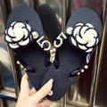 Sandalias Hechas a Mano con Suela Plana Antideslizante, Decoradas con Perlas, con Diseño de Flor de Camelia, Chanclas de Play...