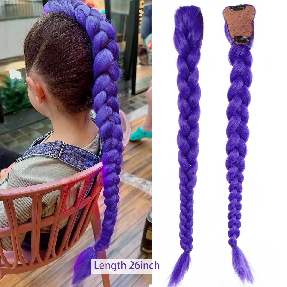 Cola de Caballo de pelo morado trenzado sintético, disfraz de Rumi, cola de caballo larga con banda de goma y Clips para niños y niñas, Navidad