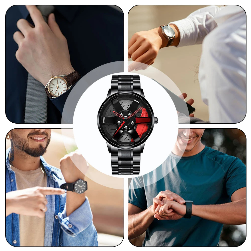 Reloj de pulsera de cuarzo para hombre, de acero inoxidable, a la moda, con esfera deportiva, llanta de coche, cubo de rueda, relojes de pulsera de lujo para negocios
