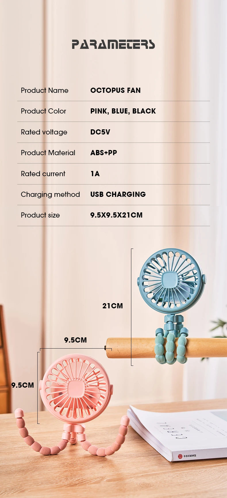 Ventilador portátil plegable de escritorio con USB, Mini ventilador de pulpo multifuncional pequeño, silencioso, para cochecito de bebé al aire libre, Verano
