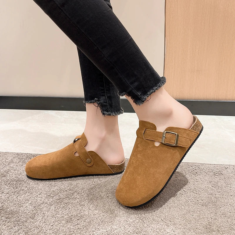 Sandalias de medio arrastre, zuecos para mujer, zapatillas de gamuza de corcho a la moda, zapatillas clásicas antideslizantes de corcho para exteriores con arco