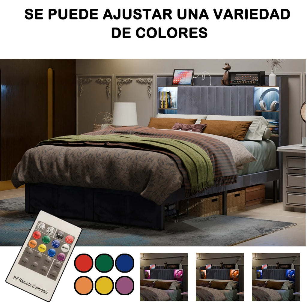 Base de Cama de Plataforma de Madera con Cajones de Almacenamiento, Tamaño Matrimonial, con Luces LED y Estación de Carga, No Requiere Somier, Gris
