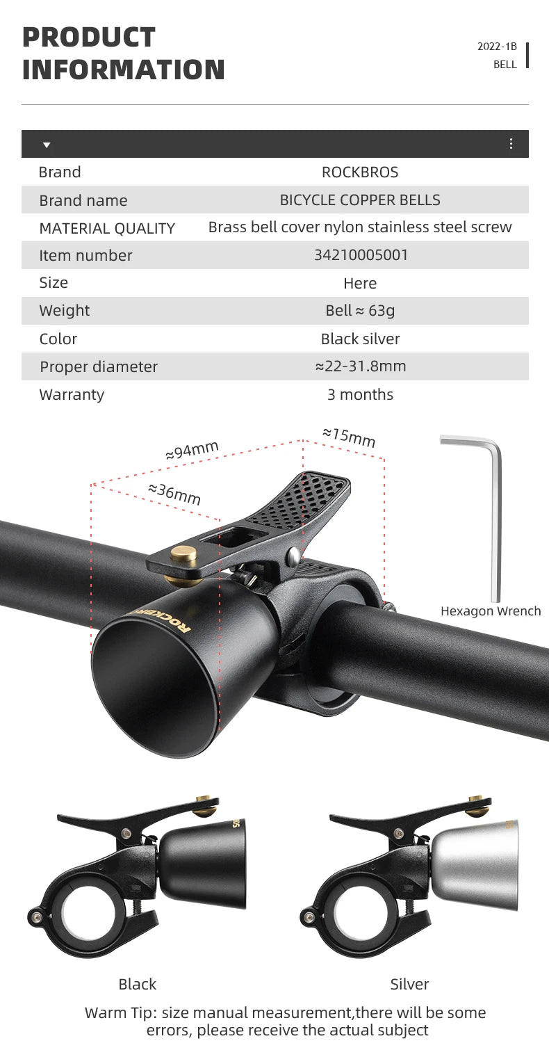 ROCKBROS timbre de cobre para bicicleta de acero inoxidable bocina de bicicleta anillo de advertencia para manillar alarma de sonido para ciclismo accesorios para bicicleta MTB