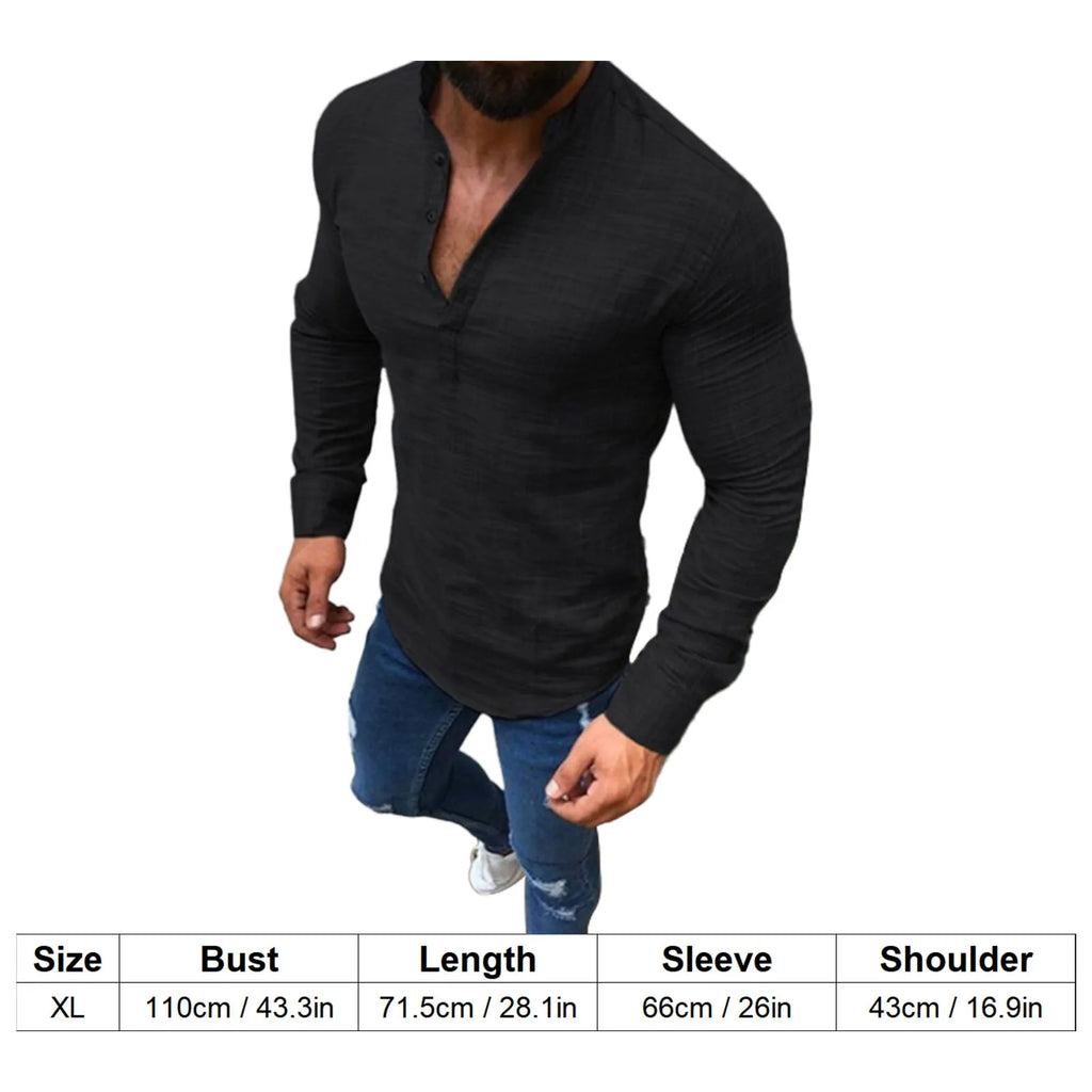 Top de manga larga para hombre, camisa de manga larga ajustada informal con botones suaves en la parte delantera, Color liso, manga larga para hombre
