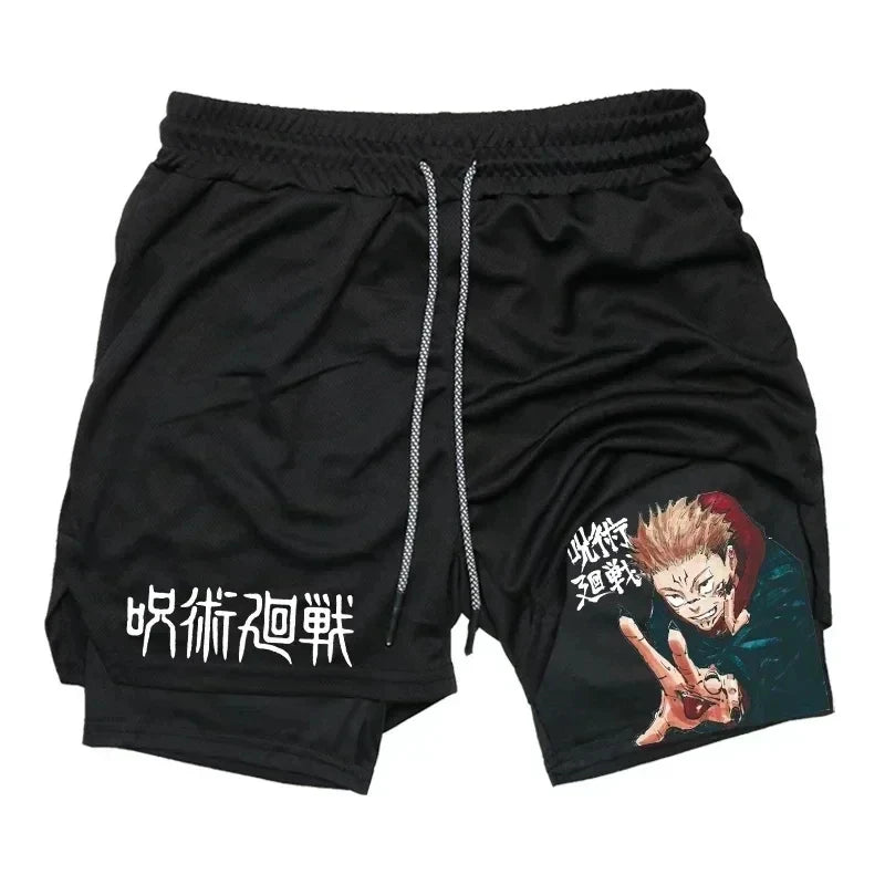Pantalones cortos deportivos para hombre Jujutsu Kaisen Anime Graphic 2 en 1 pantalones cortos de compresión para hombre pantalones cortos de rendimiento de gimnasio de secado rápido atléticos