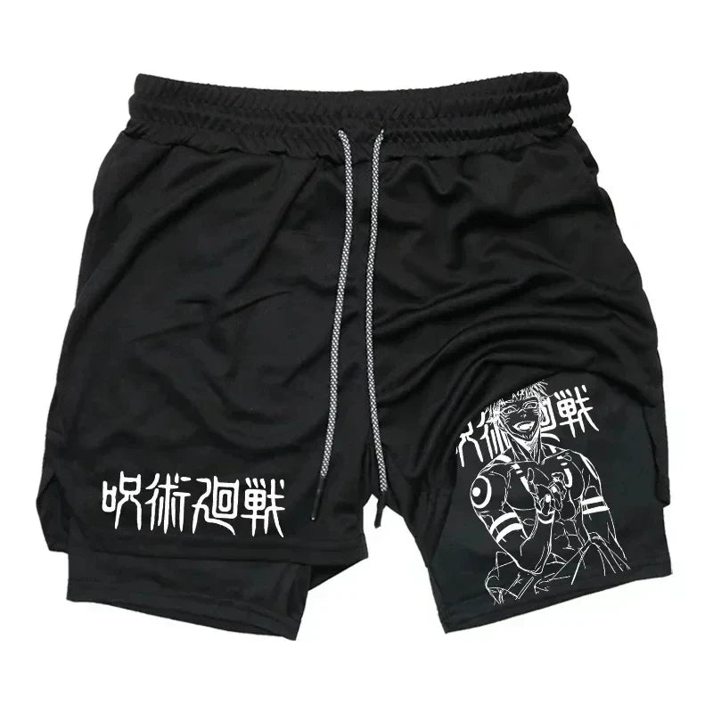 Pantalones cortos deportivos para hombre Jujutsu Kaisen Anime Graphic 2 en 1 pantalones cortos de compresión para hombre pantalones cortos de rendimiento de gimnasio de secado rápido atléticos