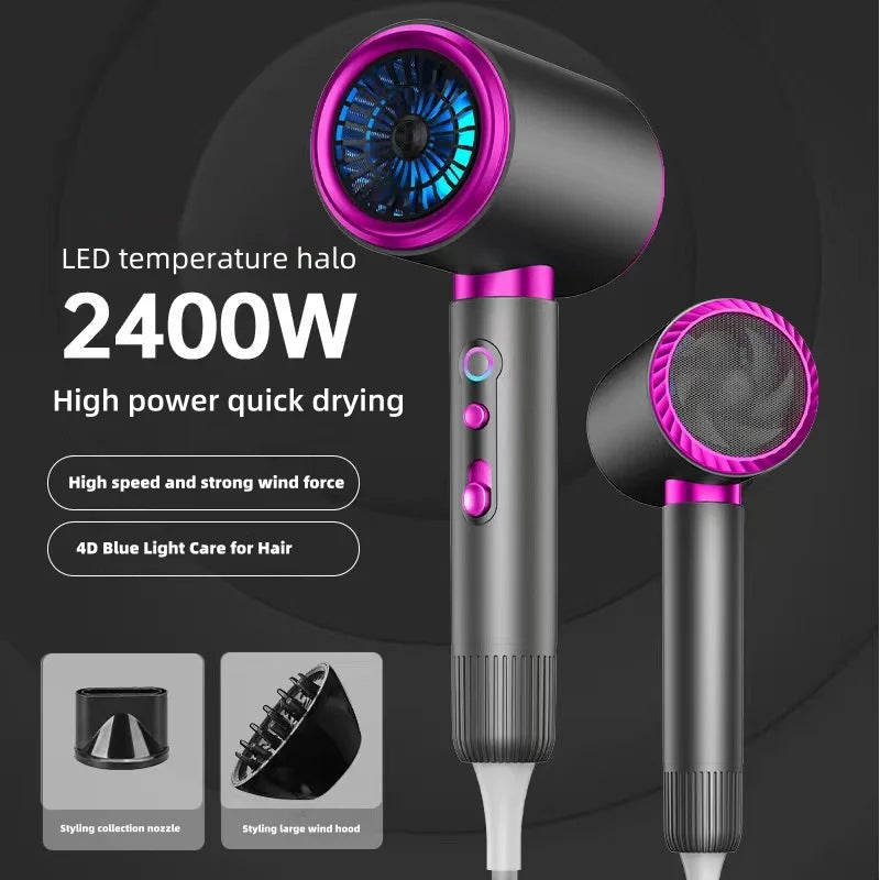Secador de Pelo de Alta Velocidad 2026, 2400W de Alta Potencia, Iones Negativos Azules, Ultra Silencioso, para Salón de Belleza y Hogar, Enchufe US/EU/UK/AU