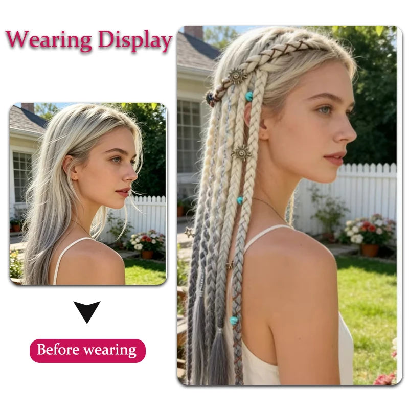 Peluca con 4 trenzas pequeñas y extensiones de cabello para mujer, combinada con trenzas sintéticas estilo bohemio con clip BB.