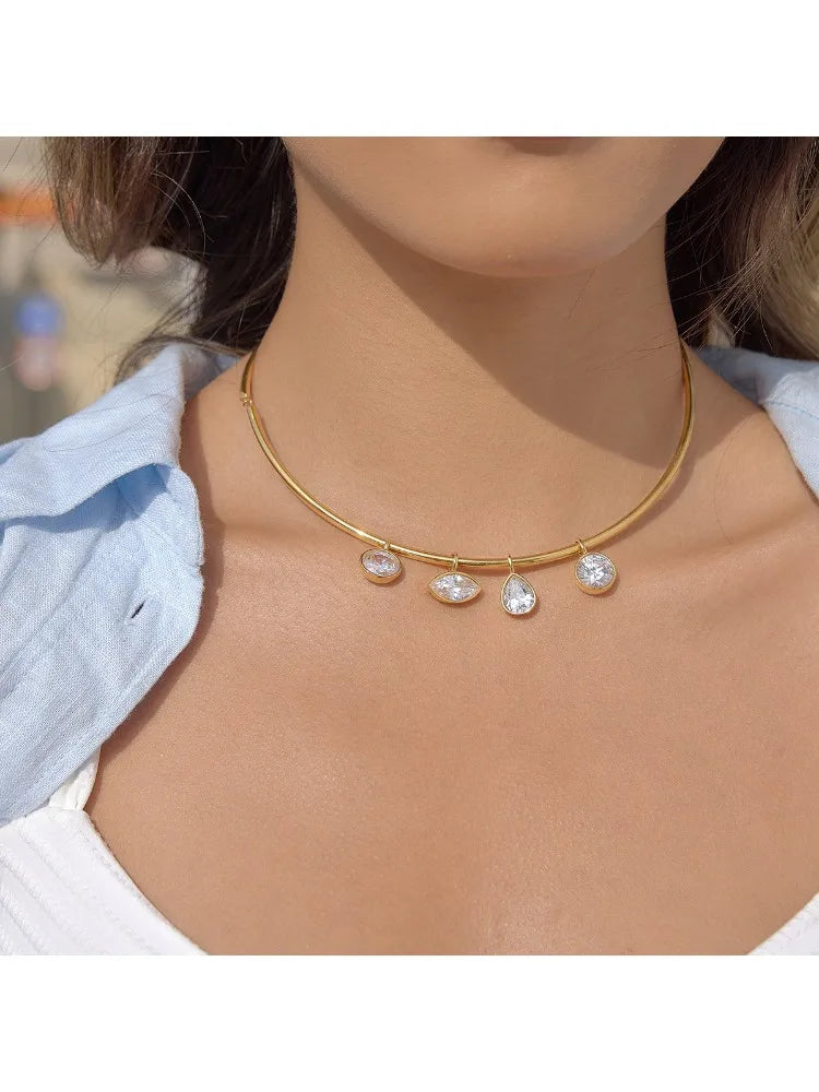 Collar con colgante geométrico de circonita para mujer, chapado en oro de 18 quilates, collar de acero inoxidable, joyería de moda, regalo.